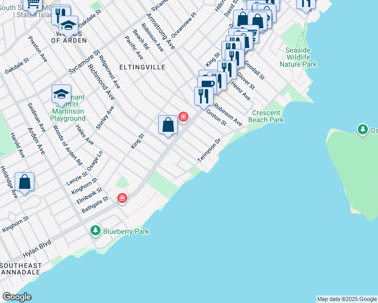 map of restaurants, bars, coffee shops, grocery stores, and more near 24 Seacrest Avenue in Staten Island