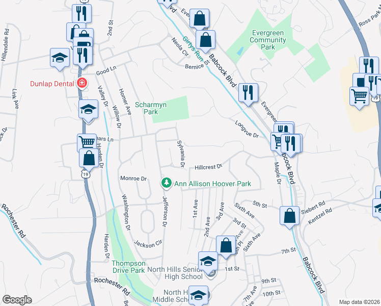 map of restaurants, bars, coffee shops, grocery stores, and more near 126 Wood Drive in Pittsburgh