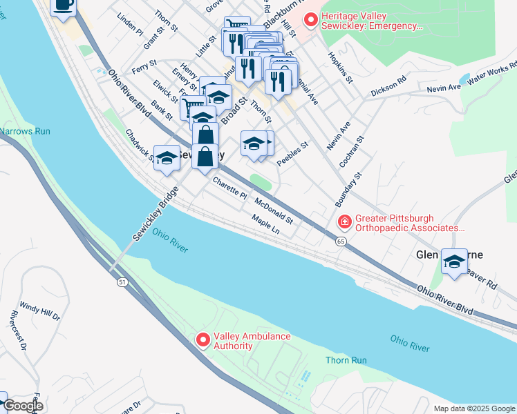 map of restaurants, bars, coffee shops, grocery stores, and more near 706 McDonald Street in Sewickley