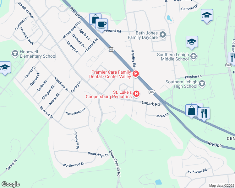 map of restaurants, bars, coffee shops, grocery stores, and more near 4178 Waterford Drive in Lehigh County