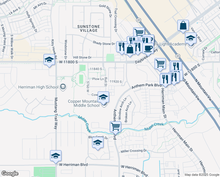 map of restaurants, bars, coffee shops, grocery stores, and more near 11957 South Heathcroft Place in Herriman