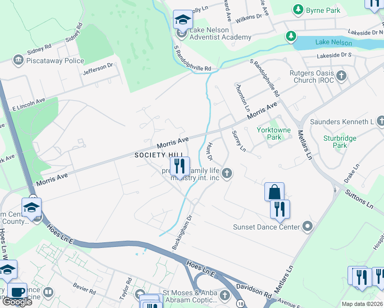 map of restaurants, bars, coffee shops, grocery stores, and more near 9 Ewing Drive in Piscataway