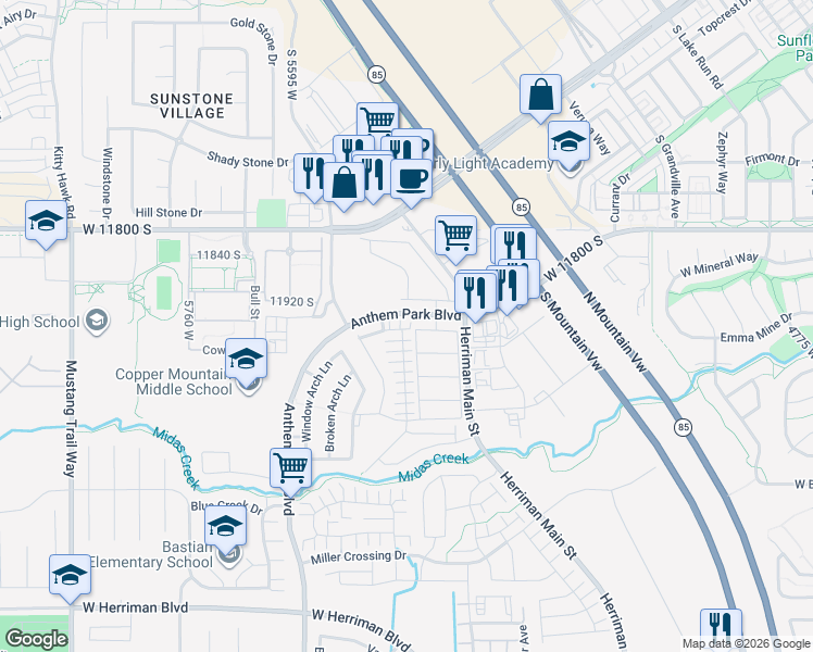 map of restaurants, bars, coffee shops, grocery stores, and more near 11958 Electra Peak Place in Herriman