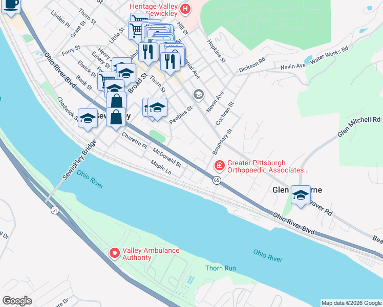 map of restaurants, bars, coffee shops, grocery stores, and more near 848 Thorn Street in Sewickley