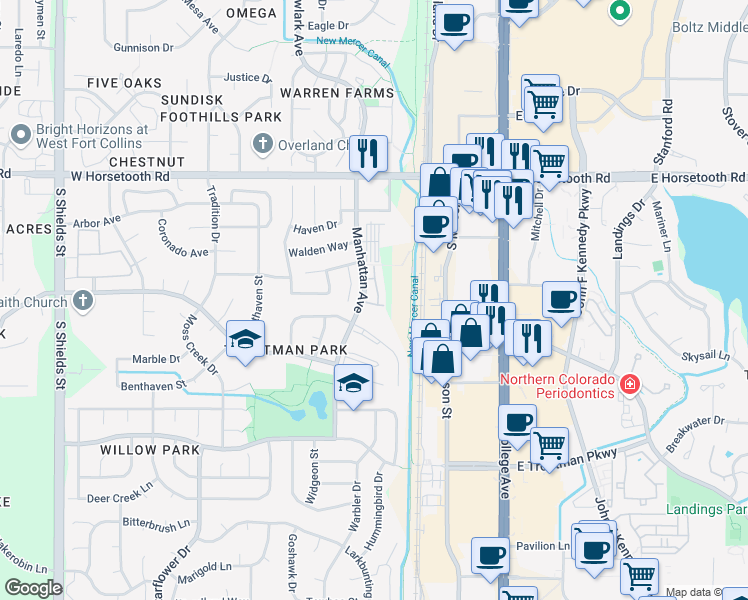 map of restaurants, bars, coffee shops, grocery stores, and more near 3812 Manhattan Avenue in Fort Collins