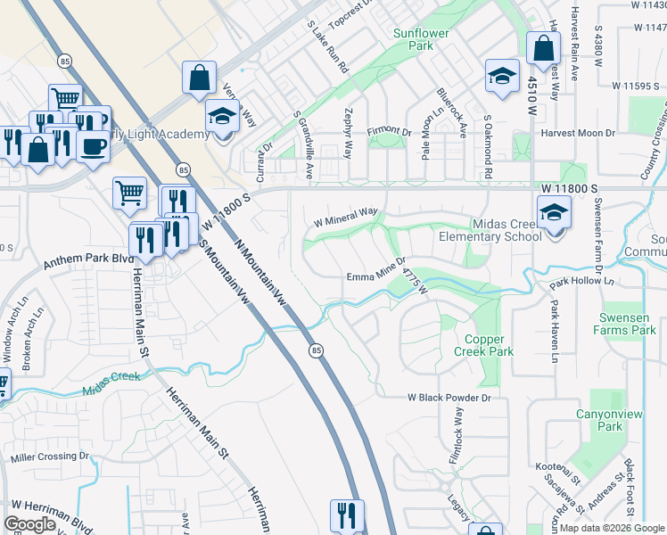 map of restaurants, bars, coffee shops, grocery stores, and more near 11956 Dynamite Circle in Herriman