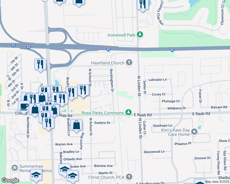 map of restaurants, bars, coffee shops, grocery stores, and more near 1712 Rockingham Drive in Normal