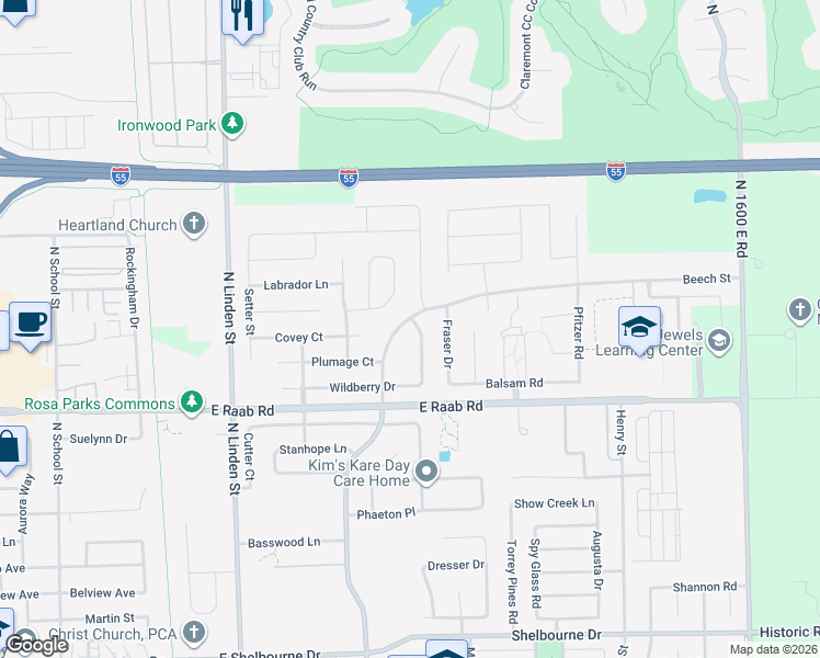 map of restaurants, bars, coffee shops, grocery stores, and more near 1720 Beech Street in Normal