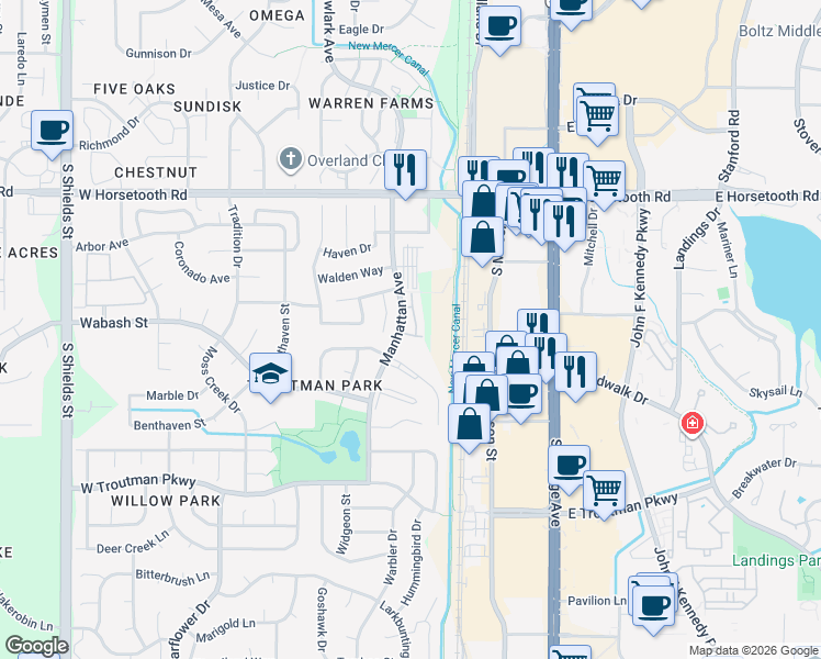 map of restaurants, bars, coffee shops, grocery stores, and more near 3812 Manhattan Avenue in Fort Collins