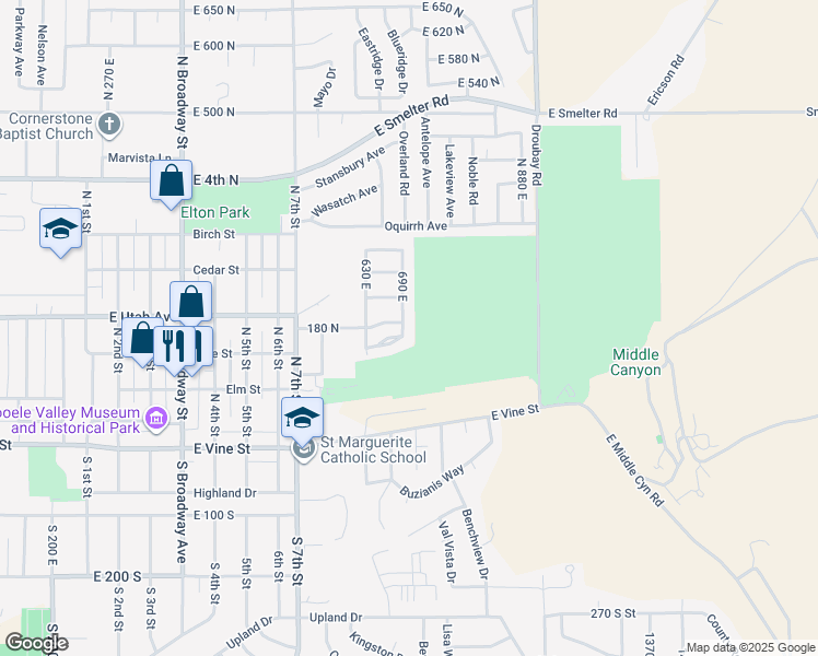map of restaurants, bars, coffee shops, grocery stores, and more near 195 690 East in Tooele