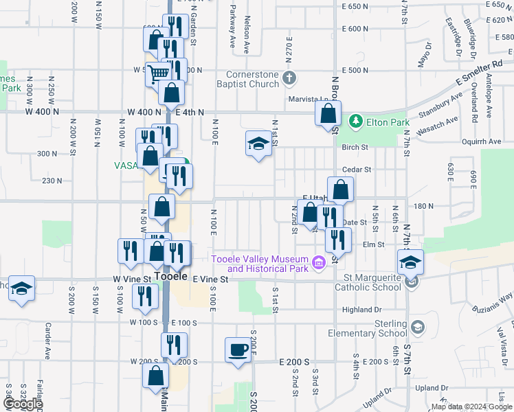 map of restaurants, bars, coffee shops, grocery stores, and more near 161 East Utah Avenue in Tooele