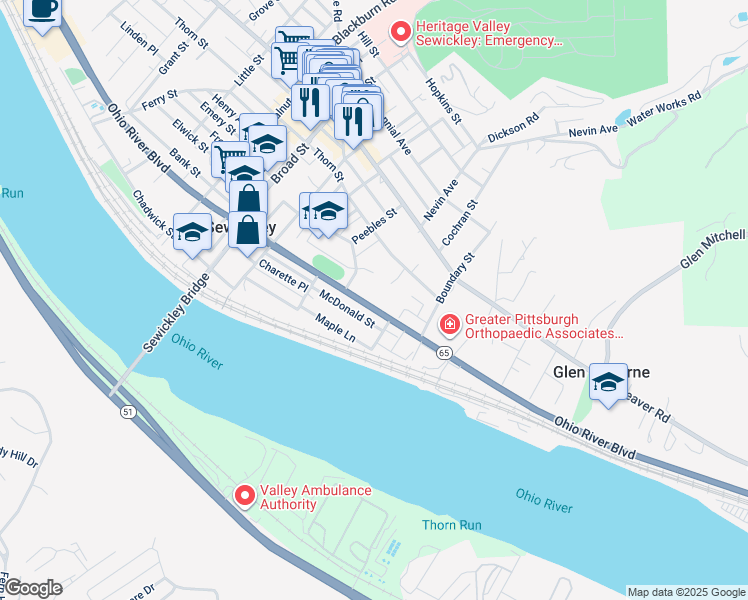 map of restaurants, bars, coffee shops, grocery stores, and more near 842 Thorn Street in Sewickley