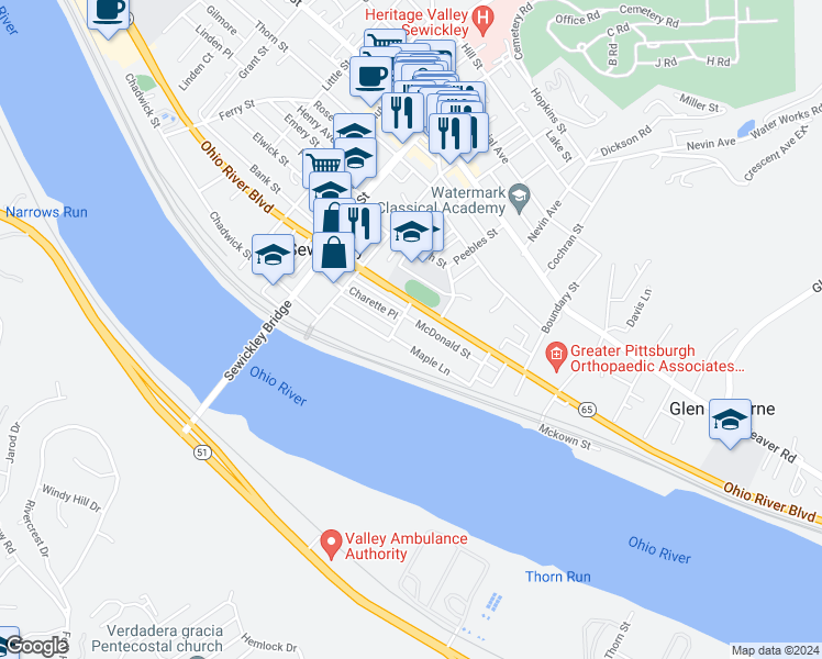 map of restaurants, bars, coffee shops, grocery stores, and more near 706 McDonald Street in Sewickley