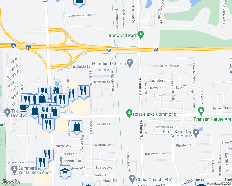 map of restaurants, bars, coffee shops, grocery stores, and more near 1712 Rockingham Drive in Normal