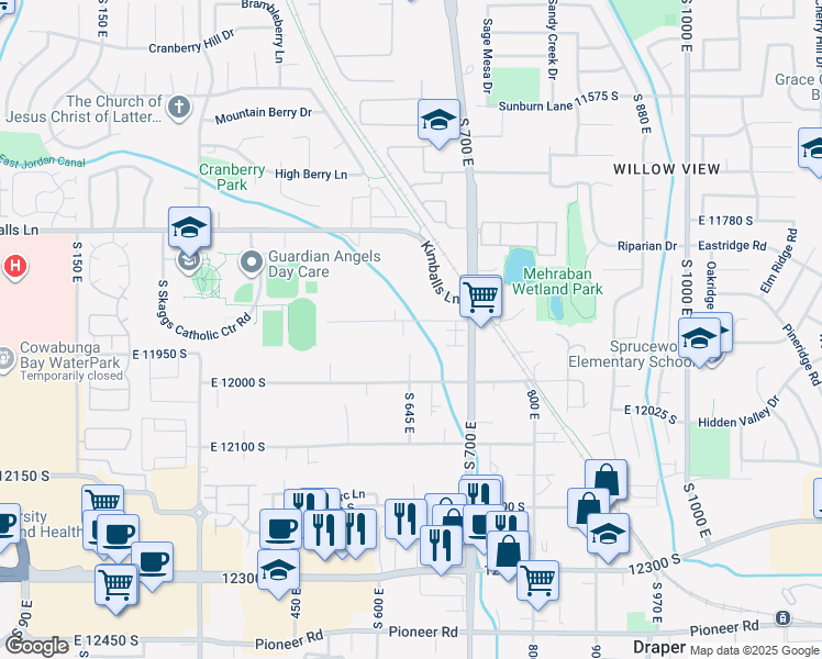 map of restaurants, bars, coffee shops, grocery stores, and more near 640 East 11900 South in Draper