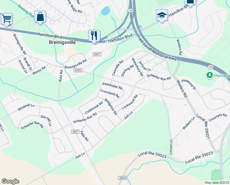 map of restaurants, bars, coffee shops, grocery stores, and more near 1539 Crossland Road in Breinigsville