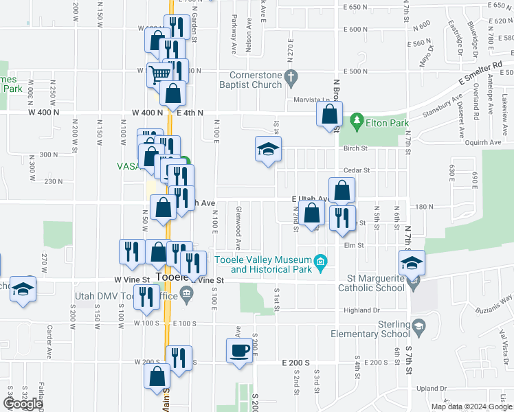 map of restaurants, bars, coffee shops, grocery stores, and more near 193 North Pinehurst Avenue in Tooele