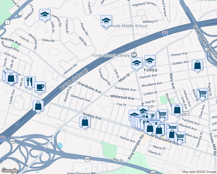 map of restaurants, bars, coffee shops, grocery stores, and more near 5031 Woodbridge Avenue in Edison