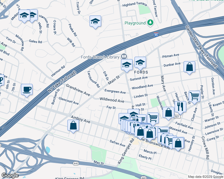 map of restaurants, bars, coffee shops, grocery stores, and more near 54 Evergreen Avenue in Woodbridge Township