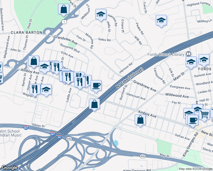 map of restaurants, bars, coffee shops, grocery stores, and more near 108 Hoover Avenue in Edison