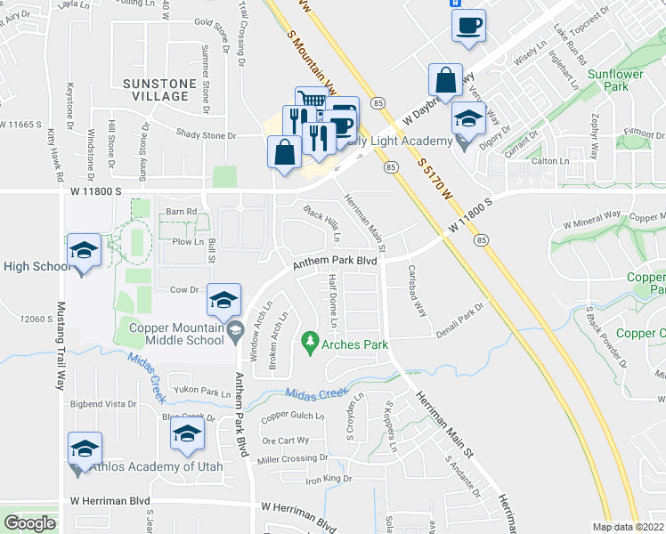 map of restaurants, bars, coffee shops, grocery stores, and more near 11953 Forester Peak Place in Herriman
