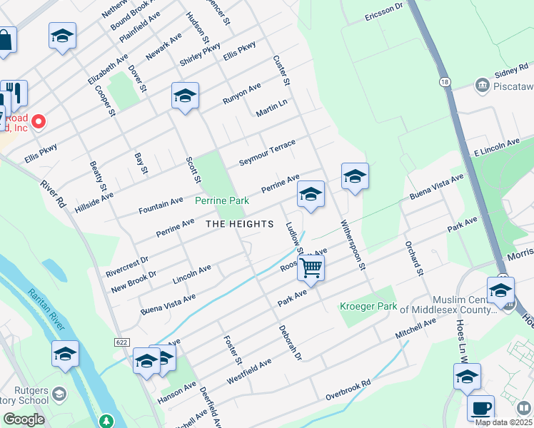 map of restaurants, bars, coffee shops, grocery stores, and more near 322 Rivercrest Drive in Piscataway
