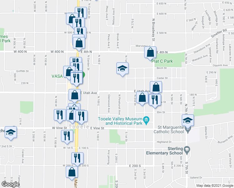 map of restaurants, bars, coffee shops, grocery stores, and more near 195 North Pinehurst Avenue in Tooele