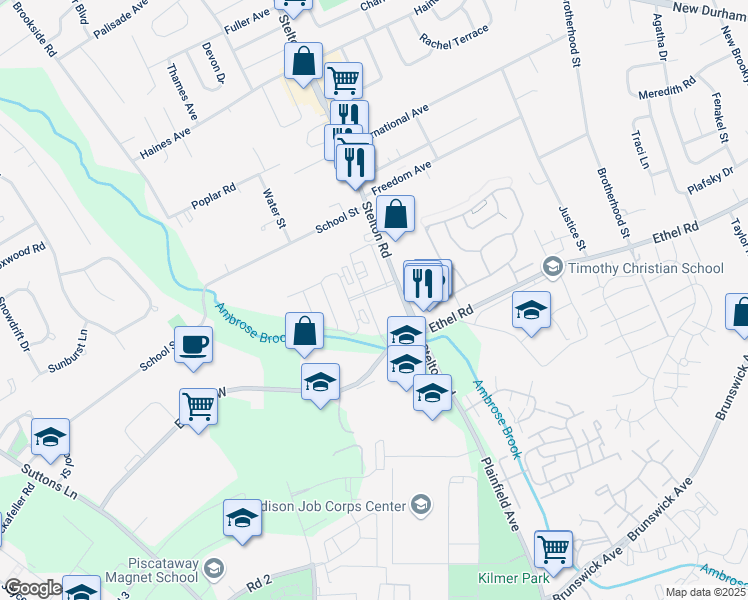 map of restaurants, bars, coffee shops, grocery stores, and more near 1636 Stelton Road in Piscataway