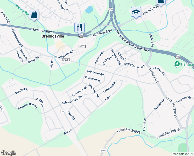 map of restaurants, bars, coffee shops, grocery stores, and more near 1539 Crossland Road in Breinigsville