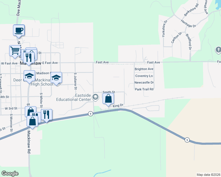 map of restaurants, bars, coffee shops, grocery stores, and more near 708 Smith Street in Mackinaw