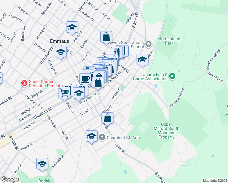map of restaurants, bars, coffee shops, grocery stores, and more near 326 Broad Street in Emmaus