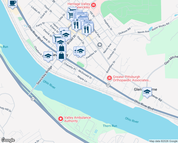 map of restaurants, bars, coffee shops, grocery stores, and more near 834 Thorn Street in Sewickley