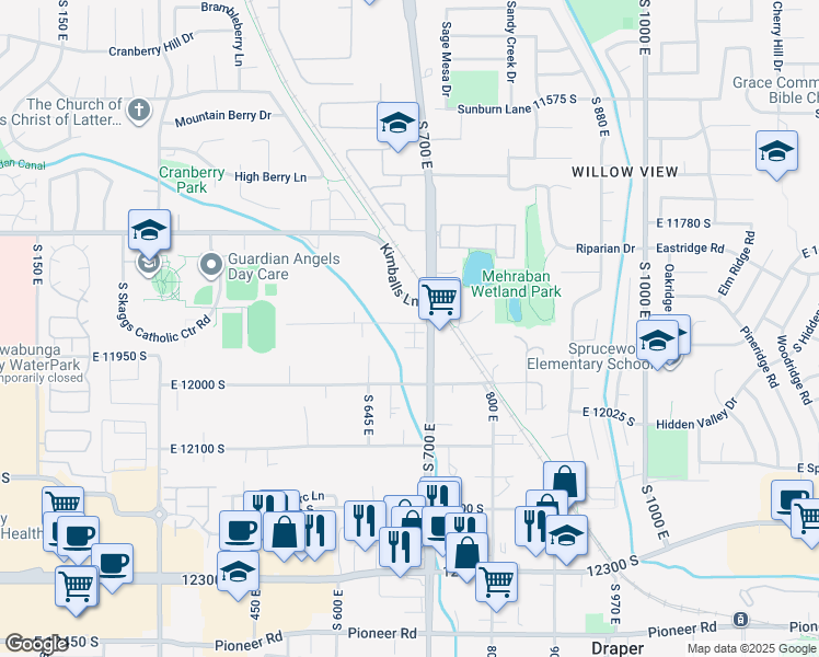 map of restaurants, bars, coffee shops, grocery stores, and more near 677 East Moray Hill Court in Draper