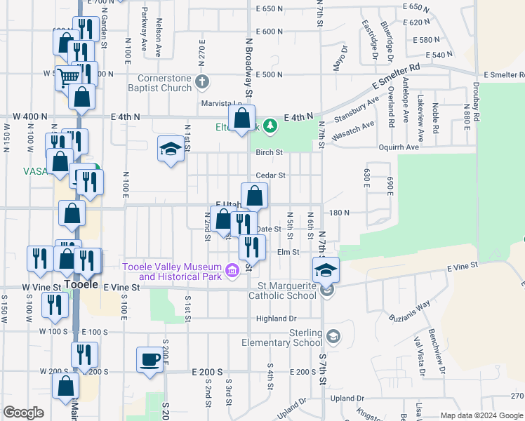 map of restaurants, bars, coffee shops, grocery stores, and more near 390 East Utah Avenue in Tooele