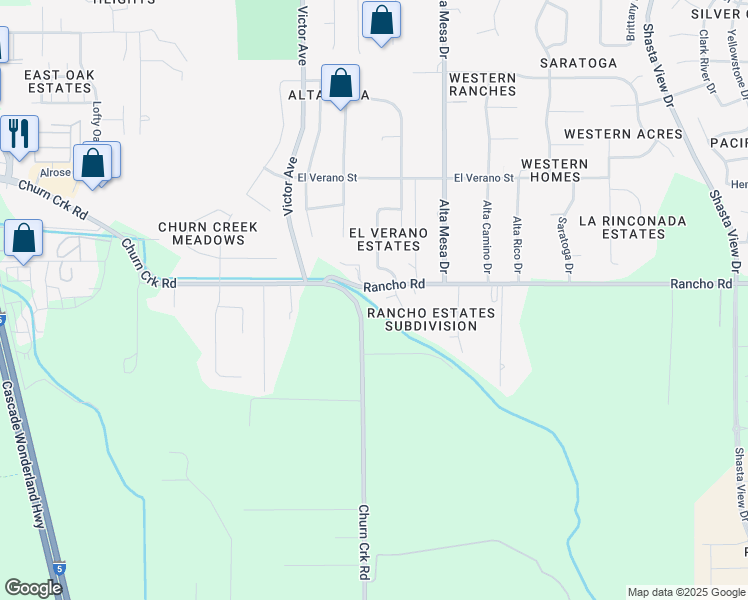 map of restaurants, bars, coffee shops, grocery stores, and more near 1980 Rancho Road in Redding