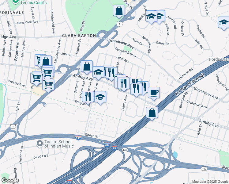 map of restaurants, bars, coffee shops, grocery stores, and more near 1015 Amboy Avenue in Edison