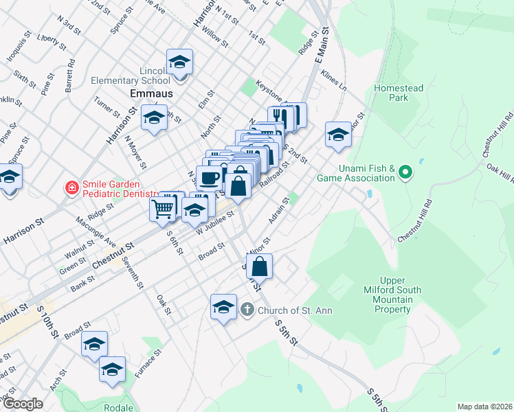 map of restaurants, bars, coffee shops, grocery stores, and more near 346 Golden Street in Emmaus