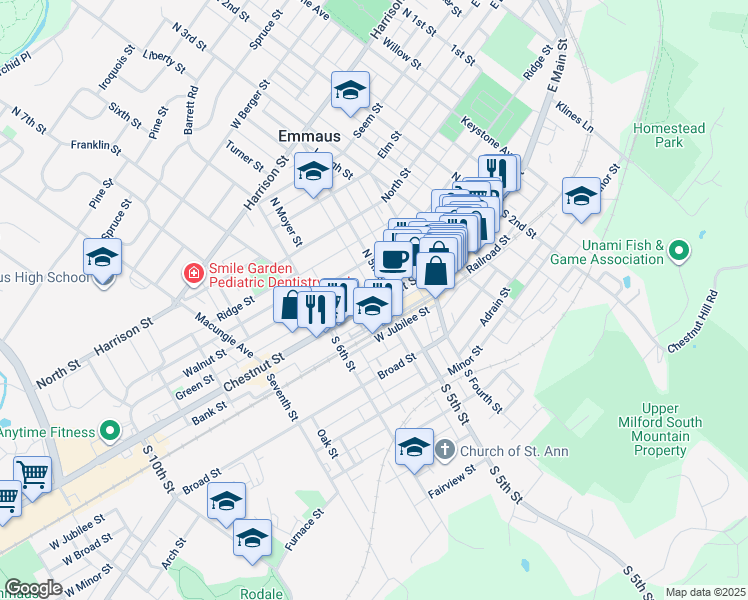 map of restaurants, bars, coffee shops, grocery stores, and more near 517 Chestnut Street in Emmaus