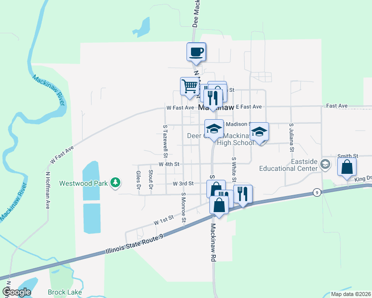 map of restaurants, bars, coffee shops, grocery stores, and more near 212 West 5th Street in Mackinaw