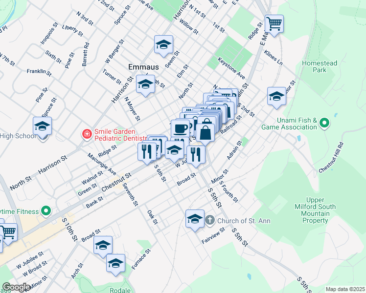 map of restaurants, bars, coffee shops, grocery stores, and more near 502 Chestnut Street in Emmaus