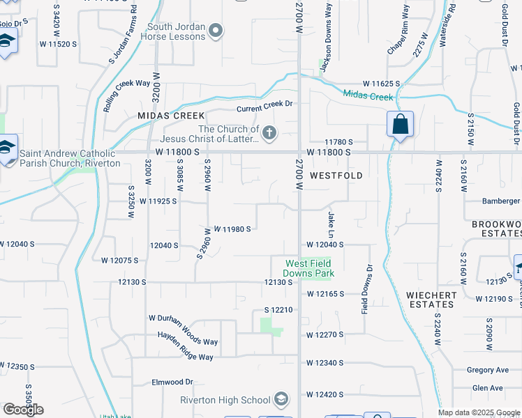 map of restaurants, bars, coffee shops, grocery stores, and more near 11957 2800 West in Riverton