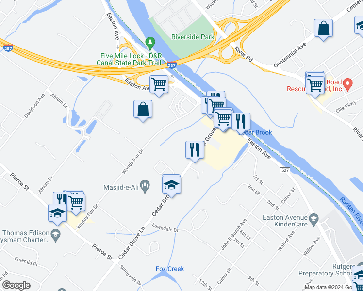 map of restaurants, bars, coffee shops, grocery stores, and more near 15 Cedar Grove Lane in Franklin Township