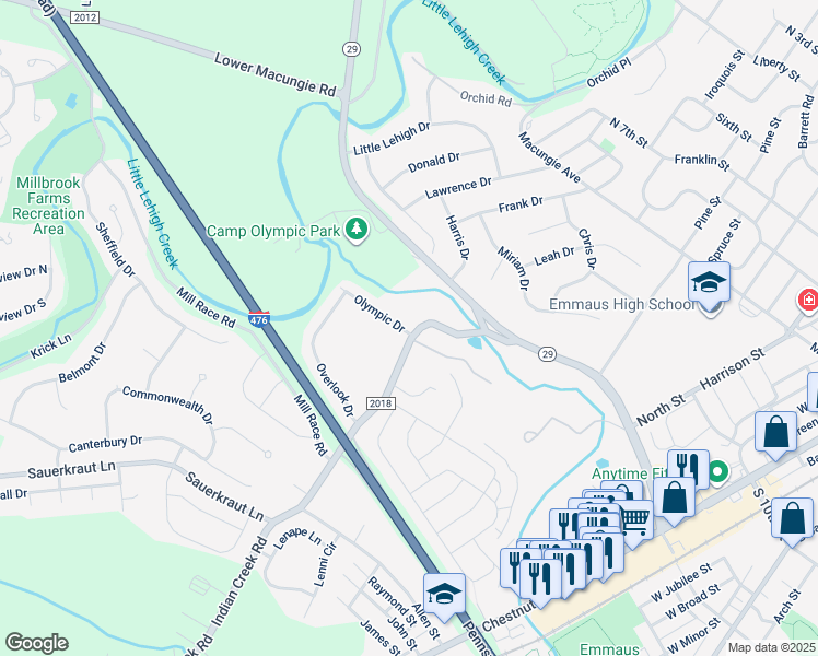map of restaurants, bars, coffee shops, grocery stores, and more near 3251 Olympic Drive in Emmaus
