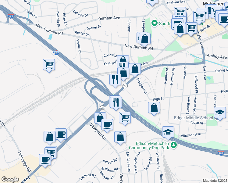 map of restaurants, bars, coffee shops, grocery stores, and more near Middlesex Ave in Metuchen