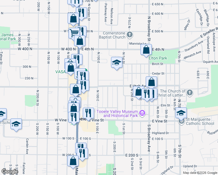 map of restaurants, bars, coffee shops, grocery stores, and more near 146 East Utah Avenue in Tooele