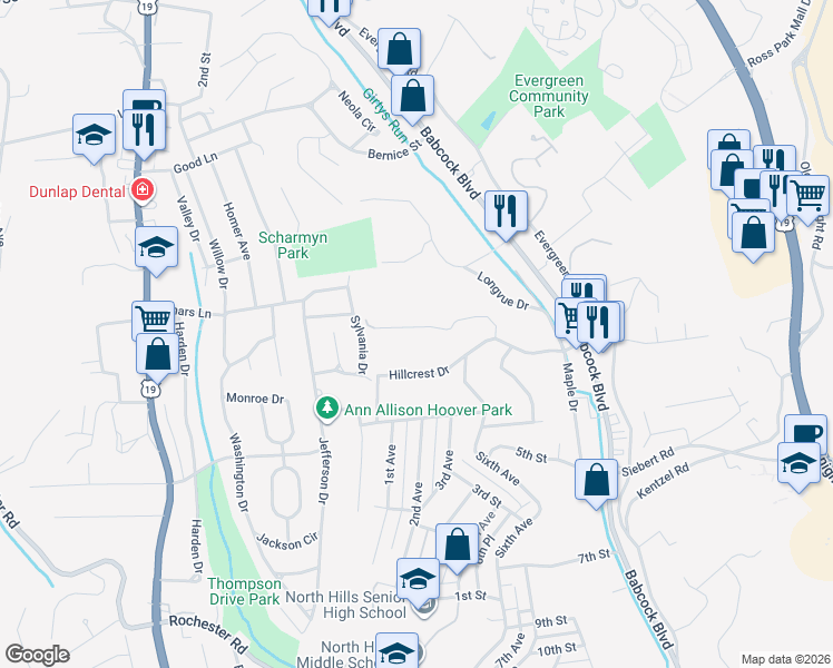 map of restaurants, bars, coffee shops, grocery stores, and more near 118 Wood Drive in Pittsburgh