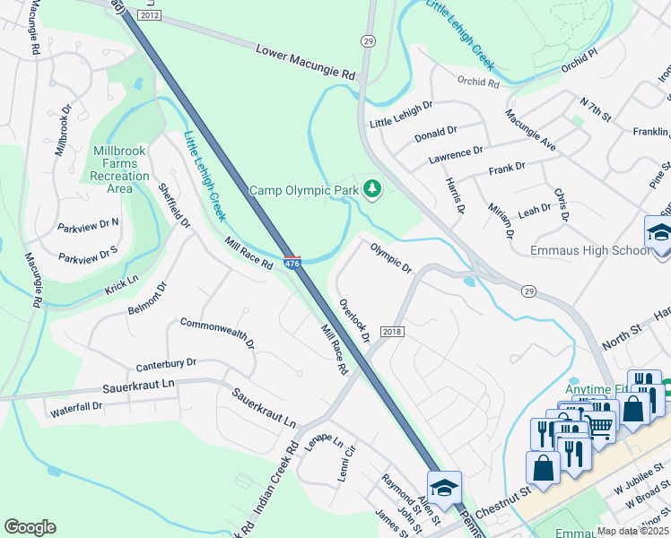 map of restaurants, bars, coffee shops, grocery stores, and more near 3218 Overlook Drive in Emmaus