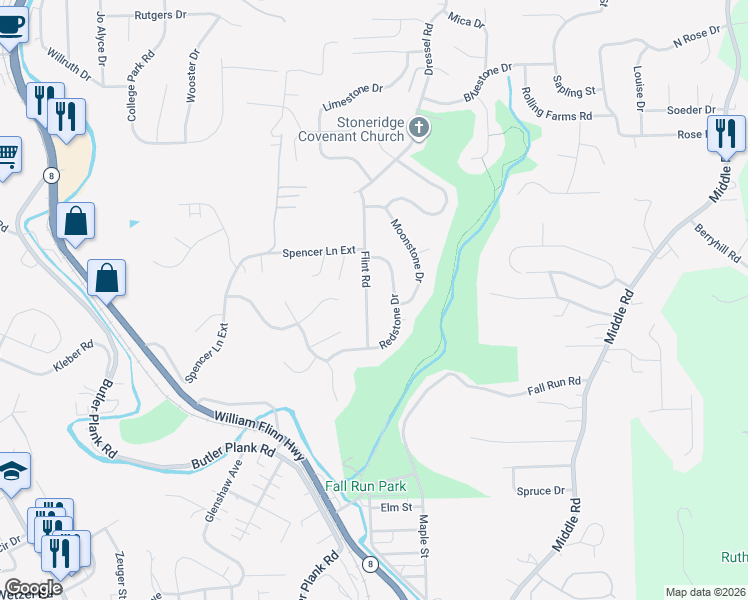 map of restaurants, bars, coffee shops, grocery stores, and more near 711 Flint Road in Allegheny County
