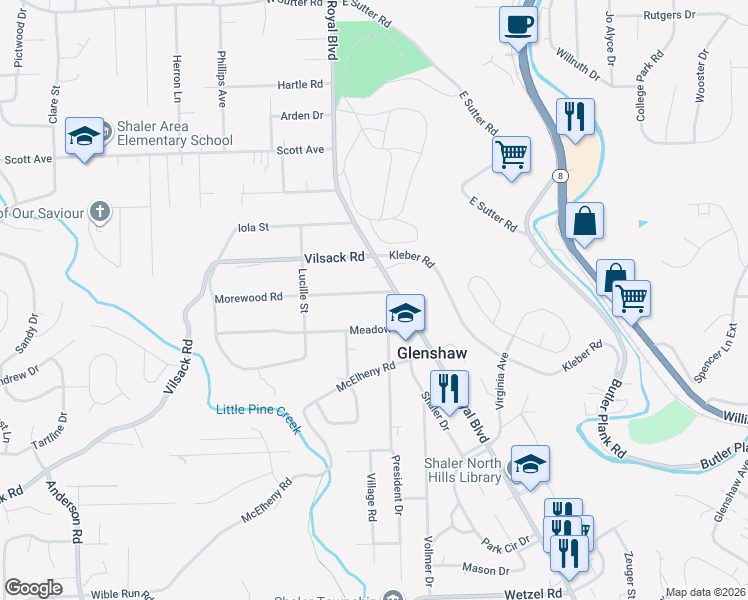 map of restaurants, bars, coffee shops, grocery stores, and more near 110 Morewood Road in Glenshaw