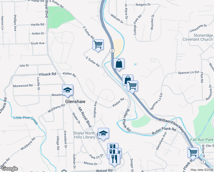 map of restaurants, bars, coffee shops, grocery stores, and more near 234 Delaware Drive in Glenshaw